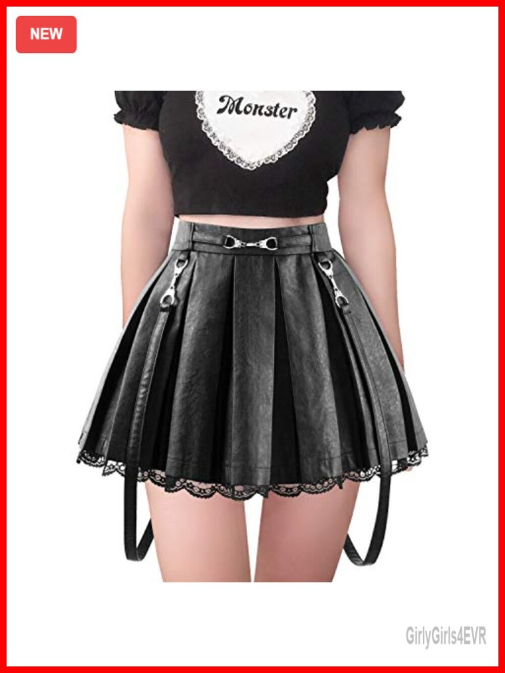 Pleated Faux Leather A-Line Flared Mini Skirt Lace Trim Metal Handcuffs